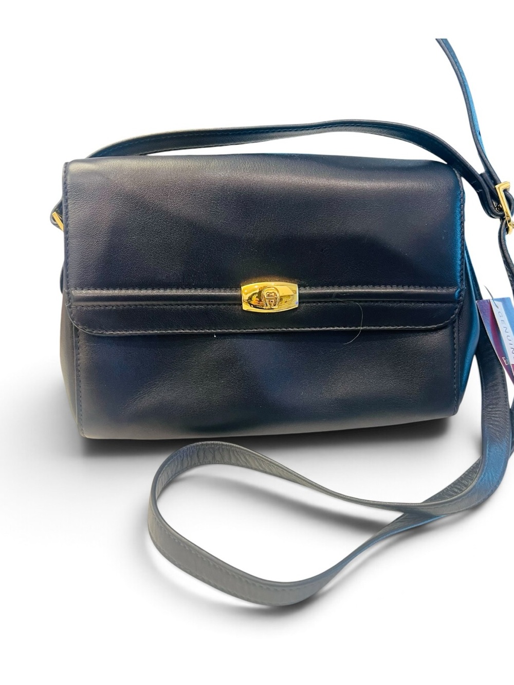 Vintage Etienne Aigner Navy Blue Leather Shoulder Bag Gold Logo Clasp NWT